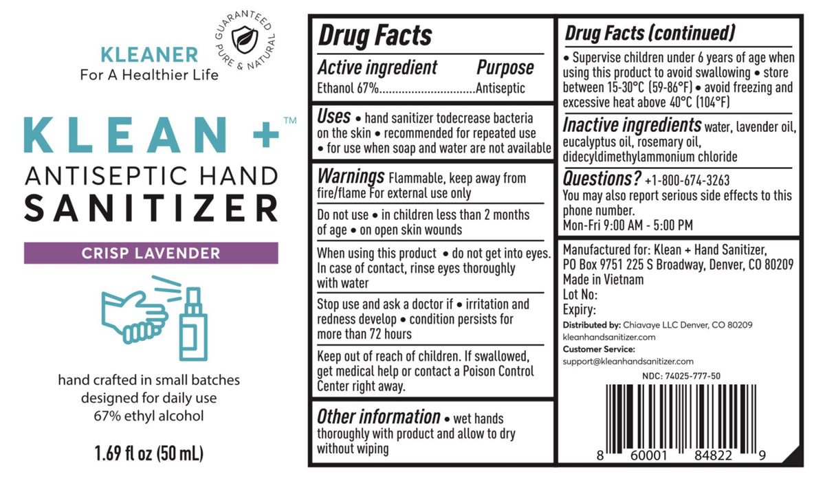 Klean + Hand Sanitizer Crisp Lavender 50ml